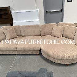 New 125” Deep Seating Comfortable Couch, Sectional, Large Sectional, Corduroy Sectional, Camel Beige Sectional, Brown Sectional With Round Chaise, Sof