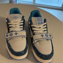 Louis Vuitton LV trainer Sneakers (Blue Denim Monogram, Low Top, Velcro Strap)