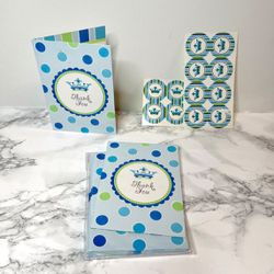 Blue & Green Baby Shower Thank You Cards & Envelopes | Pack of 8 | Little Prince