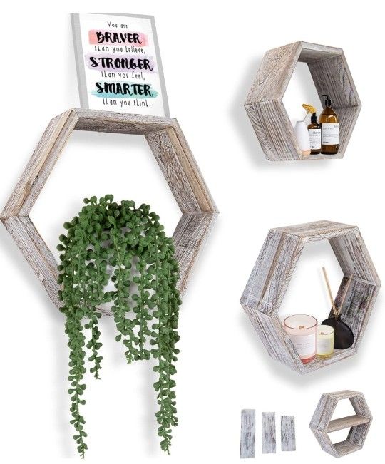 New Set of 3 Rustic Wall Mounted Hexagonal Floating Shelves