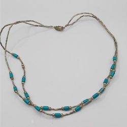 Turquoise and Liquid Silver, Double Strand Necklace,  Barrel Clasp, Vintage