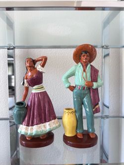 Mid-Century Mexican Folk Art Villager Figurines Signed Esther ECC 14" & 12.5"