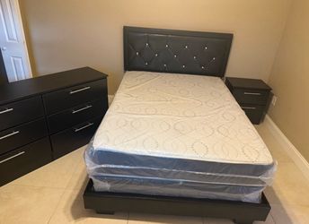 Full size bed frame with mattress and 1 night stand and dresser all new furniture free delivery