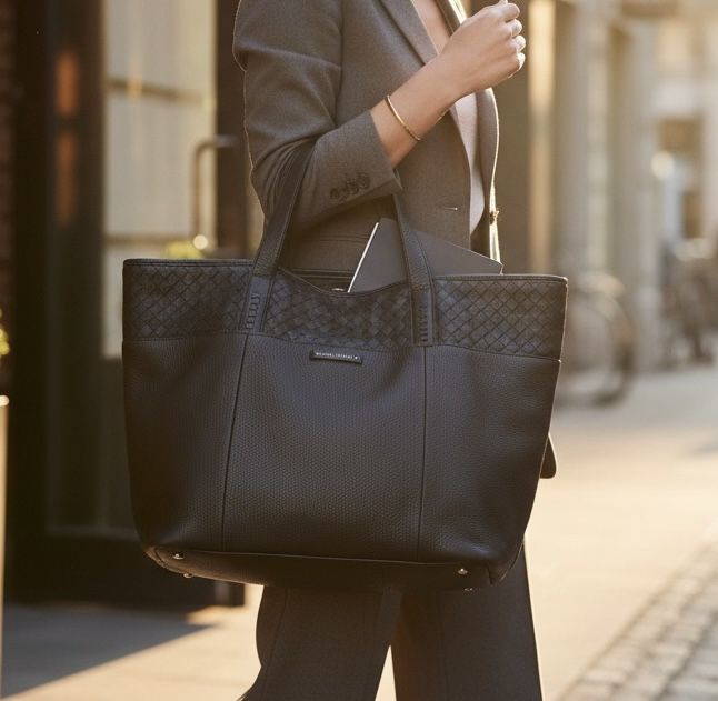 Cole Haan Black Leather Tote  Large Purse Woven Panel