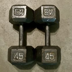 45 lb dumbbells dumbbell set 90 lbs total Cast Iron weights weight pair pounds pound 45lb 45lbs 90lb 90lbs