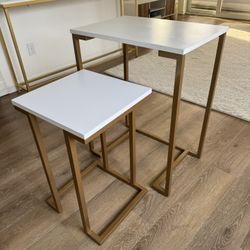Set Of 2 Modern White Dark Gold Nesting End Side Tables