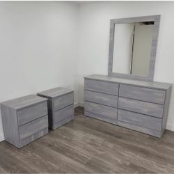 DRESSER WITH MIRROR AND TWO NIGHTSTANDS 