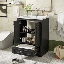 NEW Black 24" Vanity with Ceramic Sink, Freestanding Cabinet with Silver Handles and Soft Closing Doors