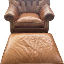 Hancock And Moore Studded Leather Armchair and Ottoman - As is, CASH ONLY