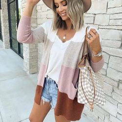 MADEWELL Creme Pink Colorblock Coziest Yarn Kent Striped Drape Cardigan Sweater