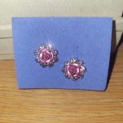 Vintage Purple Rose & Rhinestone Cluster Stud Earrings