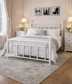 Queen bed Metal Platform Bed Frame/Victorian Headboard and Footboard/Steel Slats Mattress Foundation for Storage/No Box Spring Needed/Noise Free/white