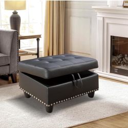 New  Ottoman with Storage, Leather Tufted Ottoman Foot Rest with Nailhead Trim, Perfect for Bedroom and Living Room Comfort, Black