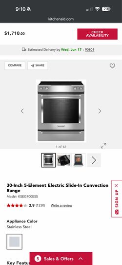 KitchenAid 30-Inch 5-Element Electric Slide-In Convection Range