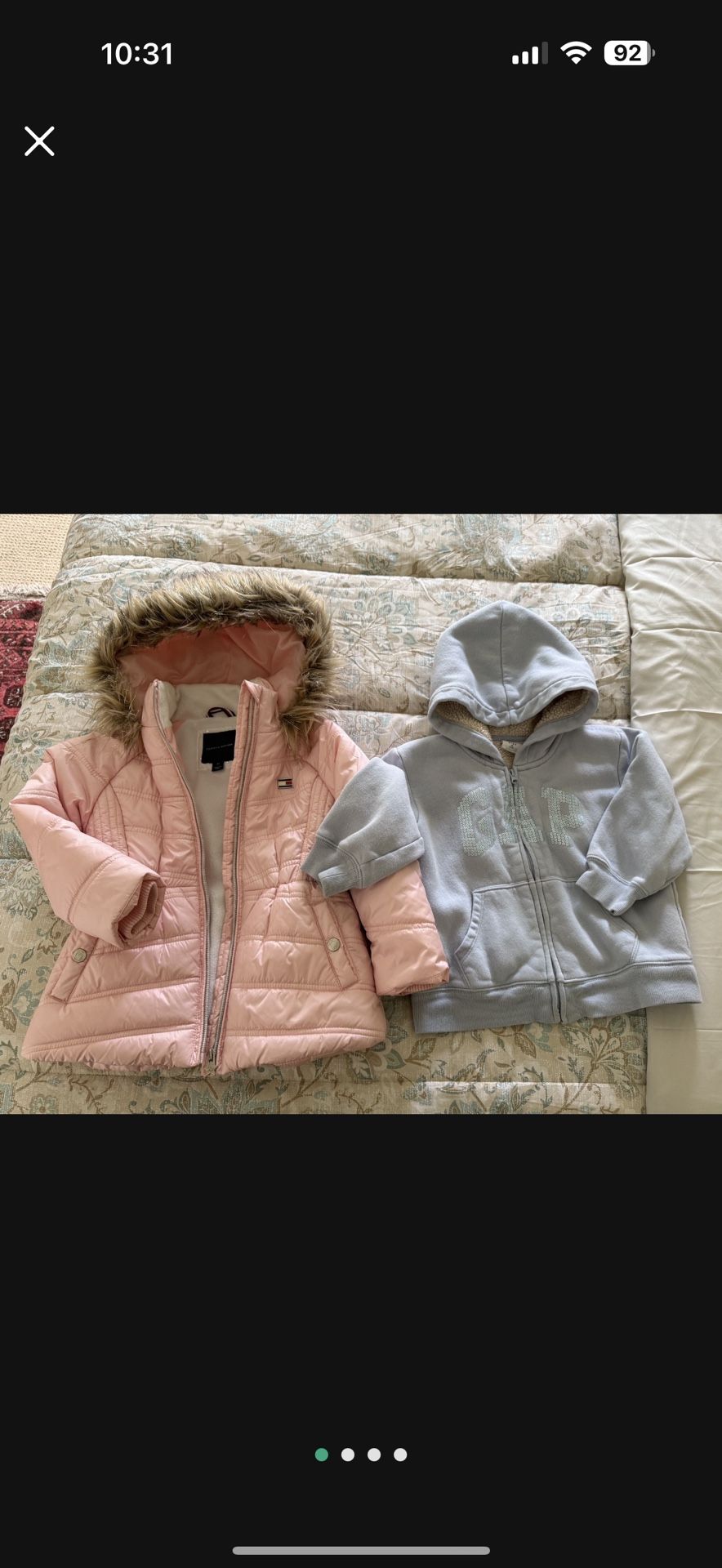 Girls Winter Jackets – Tommy Hilfiger 4T + GAP Kids XS  Selling 2 girls’ jackets in great condition: • Tommy Hilfiger Pink Puffer Coat (4T) – faux fur