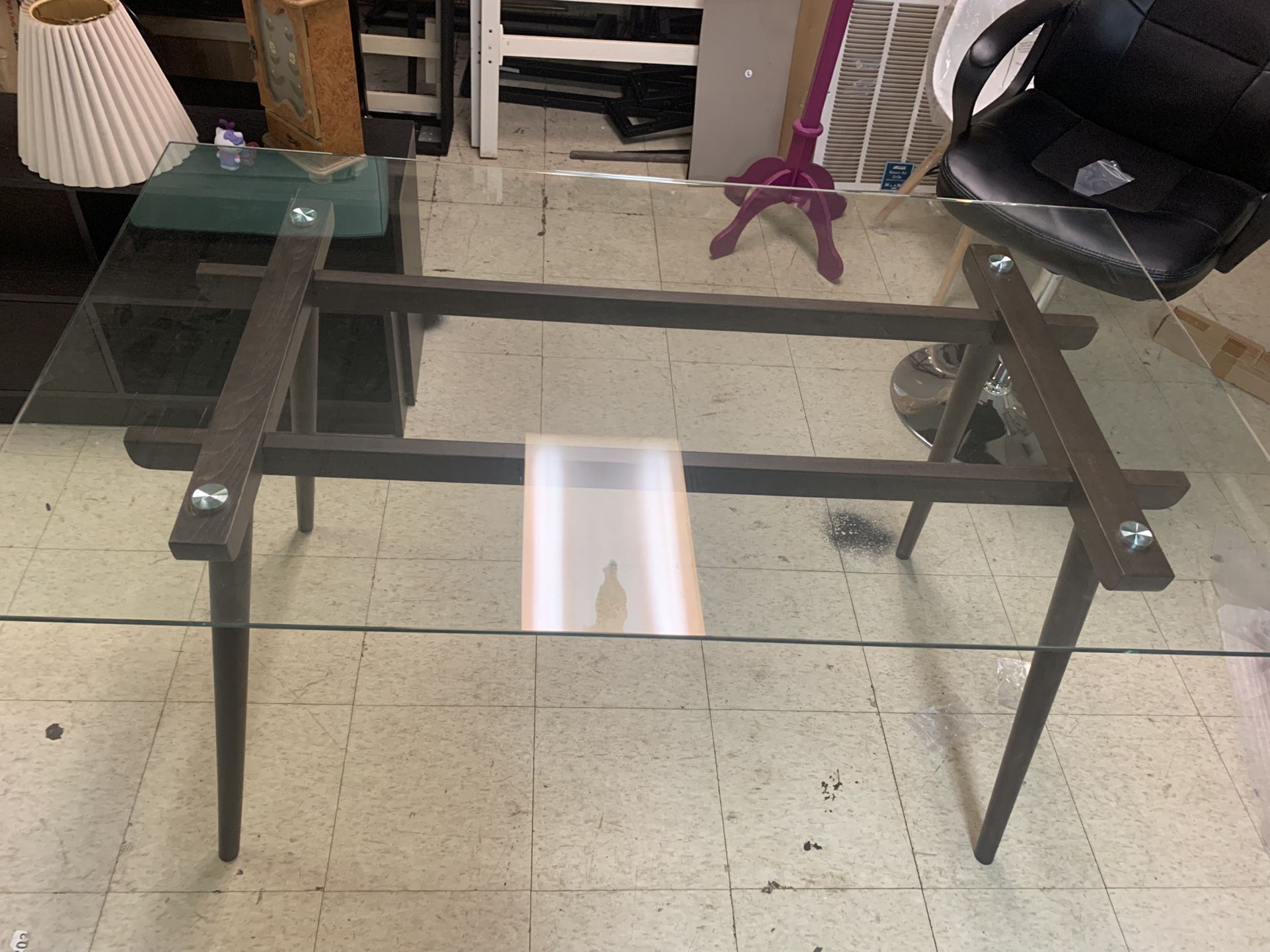 Glass Desk With Wood Base 55” X 31.5”