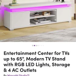 Entertainment Center for TVs up to 65", Modern TV Stand with RGB LED Lights, Storage & 4 AC Outlets. 