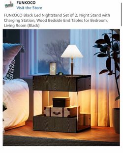 FUNKOCO Black Led Nightstand Set Of 2, Night Stand With Charging Station, Wood Bedside End Tables For Bedroom Black