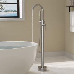 Freestanding Bathtub Faucet, Floor Mount Bathtub Faucet with 2 Water Outlet Mode, Swivel Gooseneck Spout with Hand Shower, Brass Single Handl