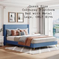 Limited Offer! UNDER $200 Queen Size Corduroy Platform Bed with Metal Legs, Blue