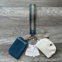 Lululemon Dual Pouch Wristlet Blue and White Gold Wordmark New With Tags