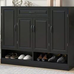 47.2 in. H x 39.4 in. W Black Wood 4-Door Shoe Storage Cabinet with Drawer and Open Shelf, Shoe Cabinet for Entryway