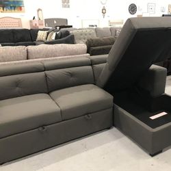 Gray 2 Piece Sleeper Sectional Sofa With Storage Chaise👉 Brand New 
