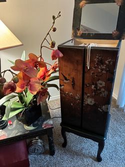 Floral Chinoiserie Jewelry Armoire with Mirror