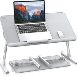 SAIJI Leather Laptop Bed Tray Table, Adjustable Laptop Stand with Removable Stopper, Portable Lap Desks with Foldable Legs (Large, Gray)