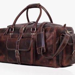 (7000D) Leather Duffel Bag for Men, Weekender 24" Duffle Gym Bags, Full Grain Underseat Travel Carry-On Bag, Overnight Bag Ideal for Sports, Airplane 
