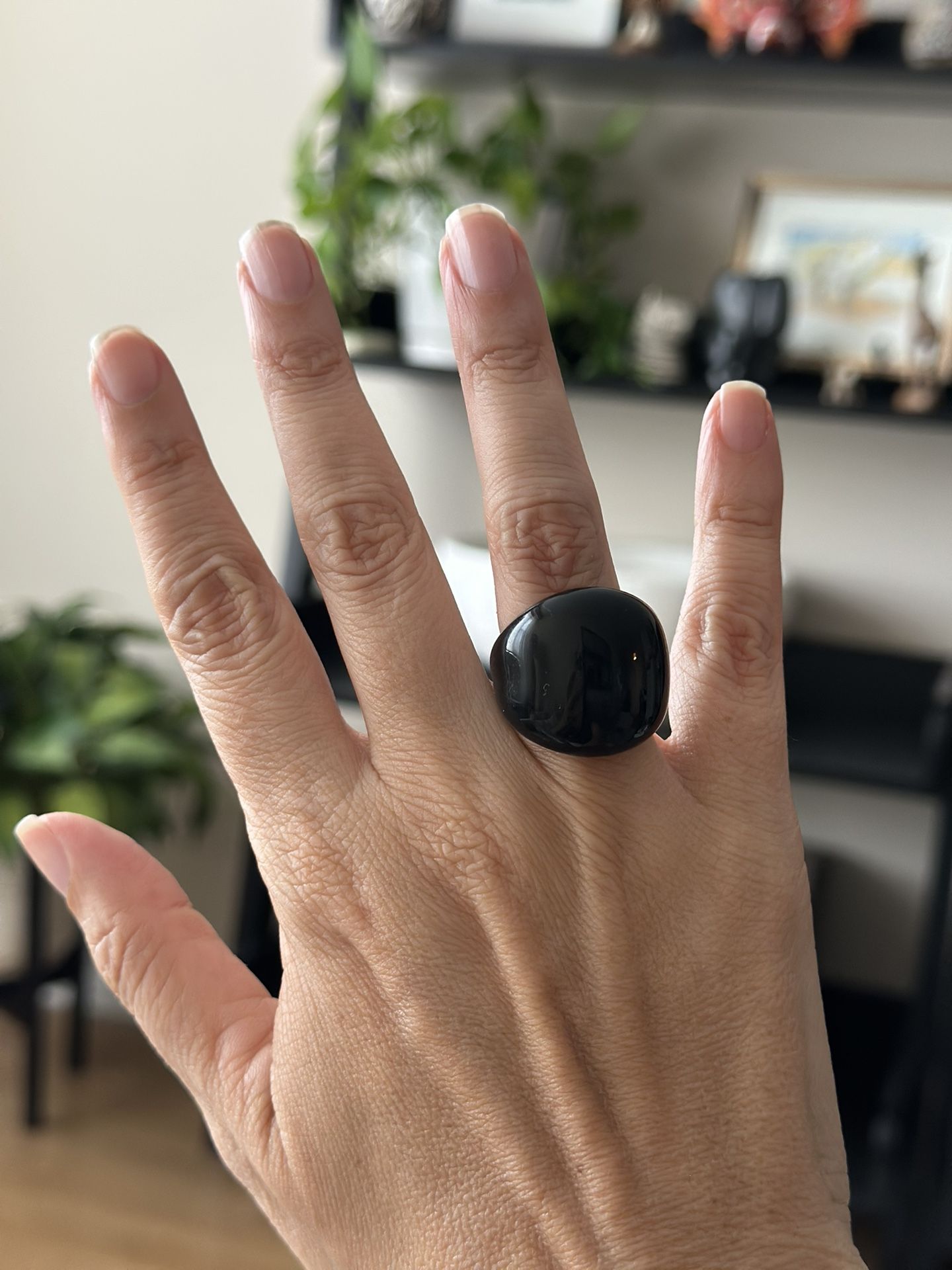 Black Moreno Glass Statement Ring Size 6