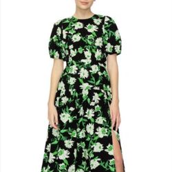 Brand New Woman’s Melloday brand Black and Green  Tropical Print Puff Sleeve Midi Dress Up For Sale