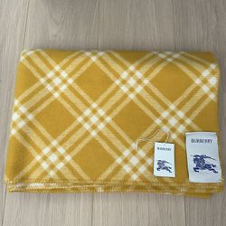 Burberry Wool Yellow White Striped Check Blanket Excellent Condition