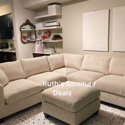 Beautiful 4-Pc Corduroy Sectional Sofa With Ottoman 