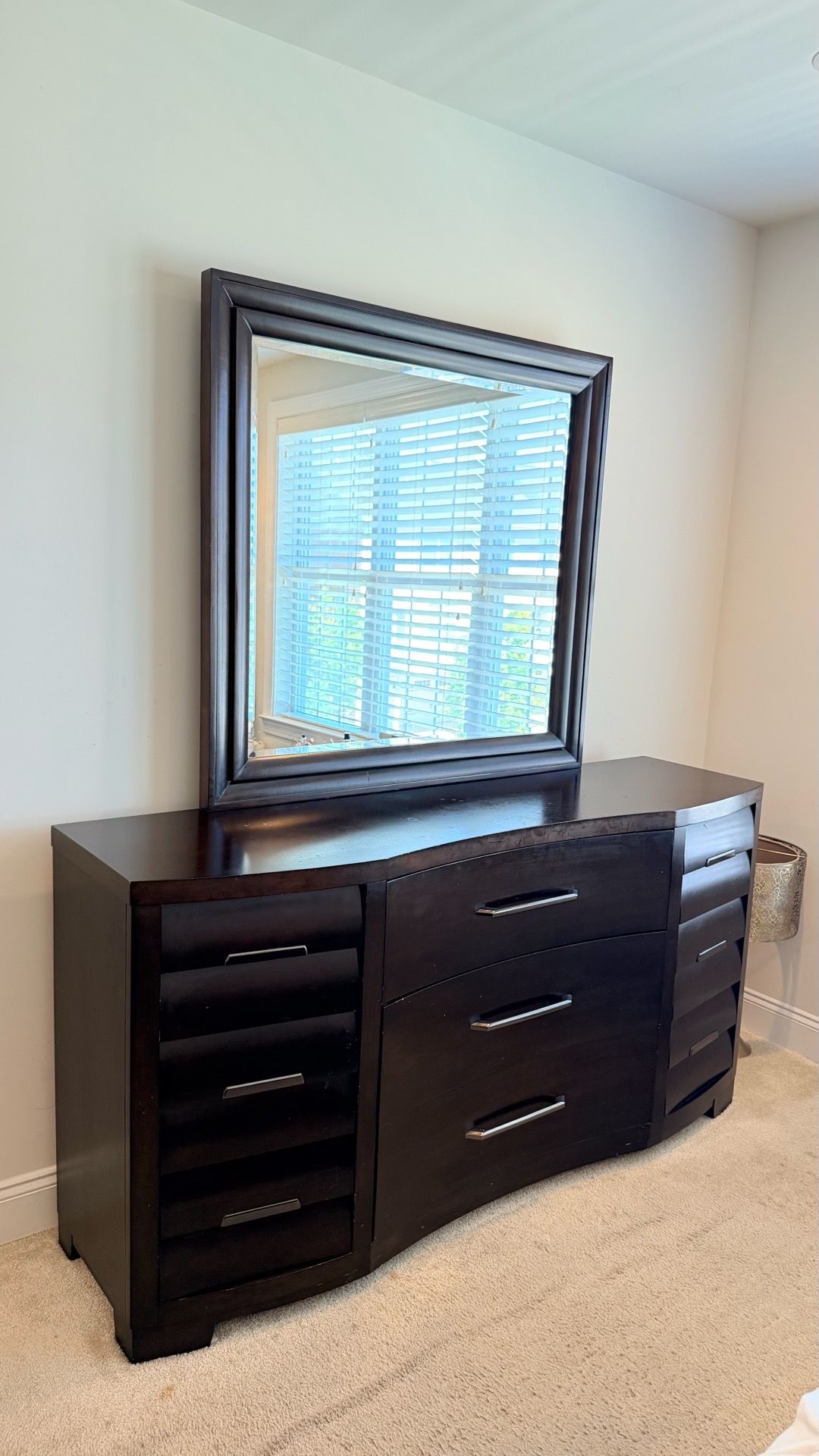 Dark Brown Bedroom Set - Dresser w/ Mirror, King Storage Bed & Night stand w/Cabinet Lights + Mattress