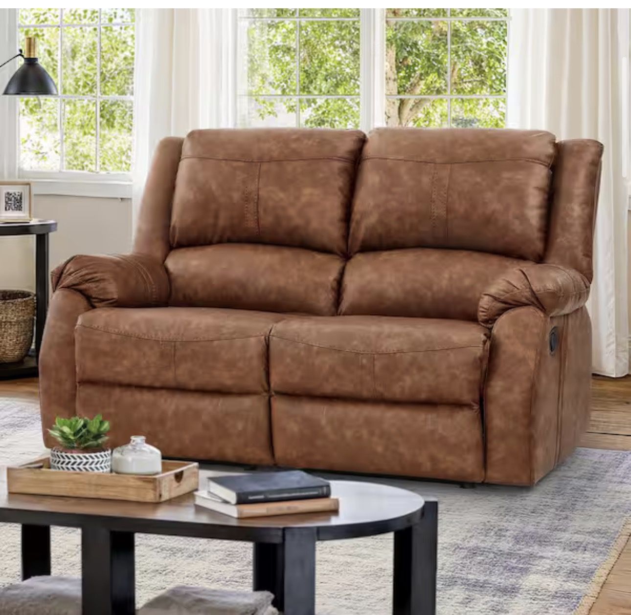 Rolled Arm Leather Upholstered 2 Seater Push Back Loveseat