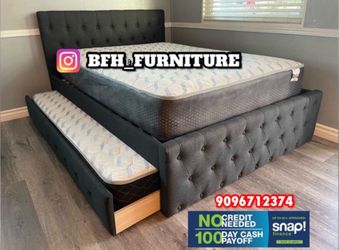 Full/Twin Gray Frenchi Tufted Trundle Beds W. Ortho Mattresses Included