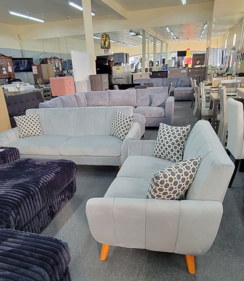 ✅️✅️2 pc light grey velvet fabric mid century modern sofa and love seat set Langley street wooten✅️✅️✅️