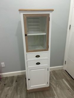 Tall Farmhouse White & Natural Wood Storage Cabinet - Narrow Glass Display Tower