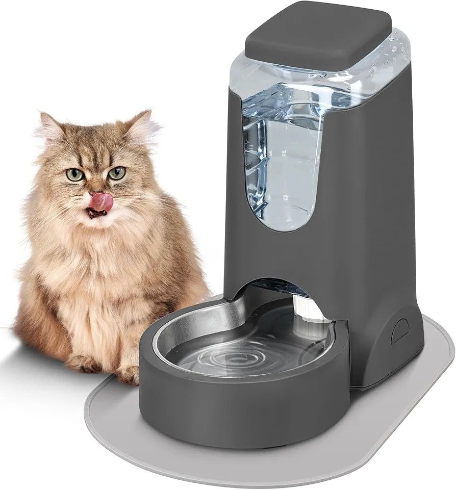 Automatic Cat Feeder with Silicone Mat, Gravity Stainless Steel Dog Water Dispenser Set for Small Medium Kitten Puppy Pets(1 Gallon, Charcoal Grey)