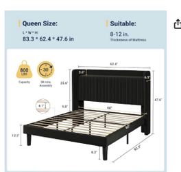 Black velvet queen size bedframe with plug-in out let NEW