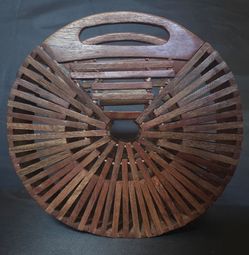 Wooden Slat Fan Purse - Boho Round Handbag