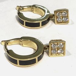 BERNARD K PASSMAN 18K Yellow Gold & Diamond Black Coral Inlay Hoop Earrings