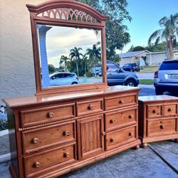 Solid Wood Dresser With Mirror & Matching Nightstand
