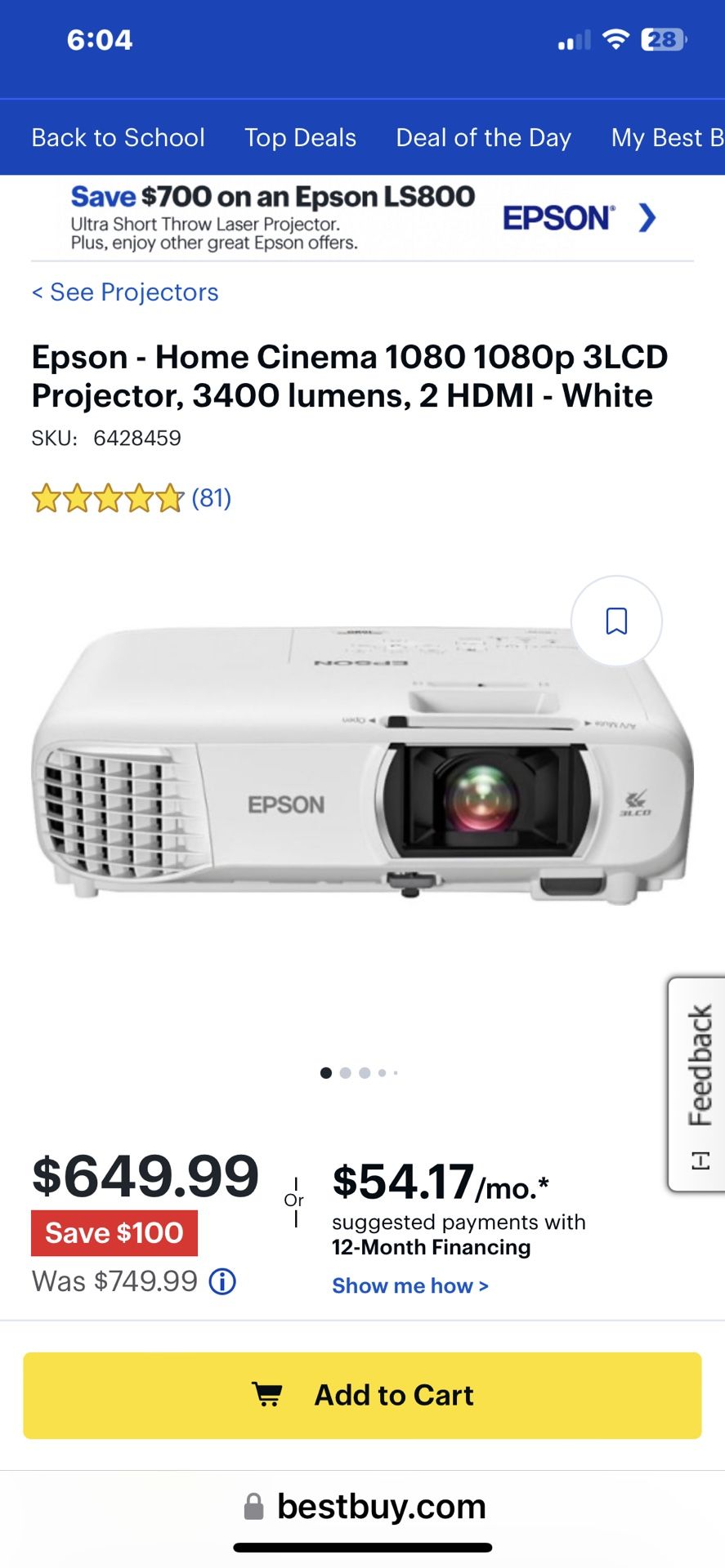 EPSON HOME CINEMA 1080 PROJECTOR