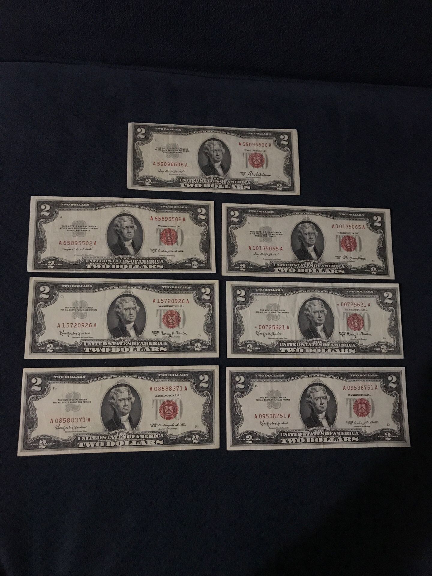 $2 bills 1953-1963 7 pieces