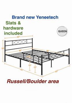Brand new in box Yaneetech queen size bed frame with headboard and footboard. Russell/Boulder area
