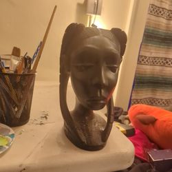 Solid Ebony Wood African Woman Bust Hand Carved Head Large Sculpture