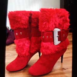 NEW Size 10 Red FUR BOOTS w/ Bling Buckle