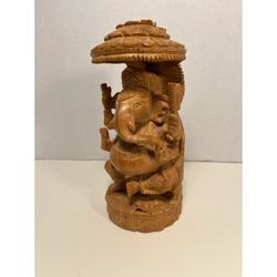 Vintage Hand Carved Sandal Wood Elephant-Headed Hindu God Lord Ganesha Figurine